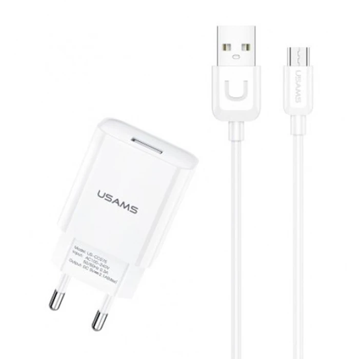 Φορτιστής Πρίζας Usams T21OCMC01 με Καλώδιο Micro USB, USB 2.1A, λευκός