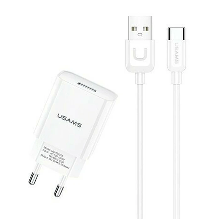 Φορτιστής Πρίζας Usams T21OCTC01 με Καλώδιο USB-C, USB 2.1A, λευκός