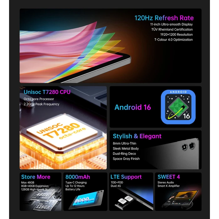 Teclast T50 Plus Tablet 10.95" (8GB RAM / 128GB ROM) 4G Android 16 with Keyboard, Touch Pen & Case - Gray (SKU: T50PLUS-VIP-GR)