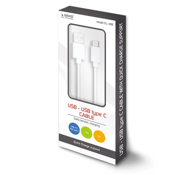 Καλώδιo USB Savio type C 5A, 1m CL-126 White