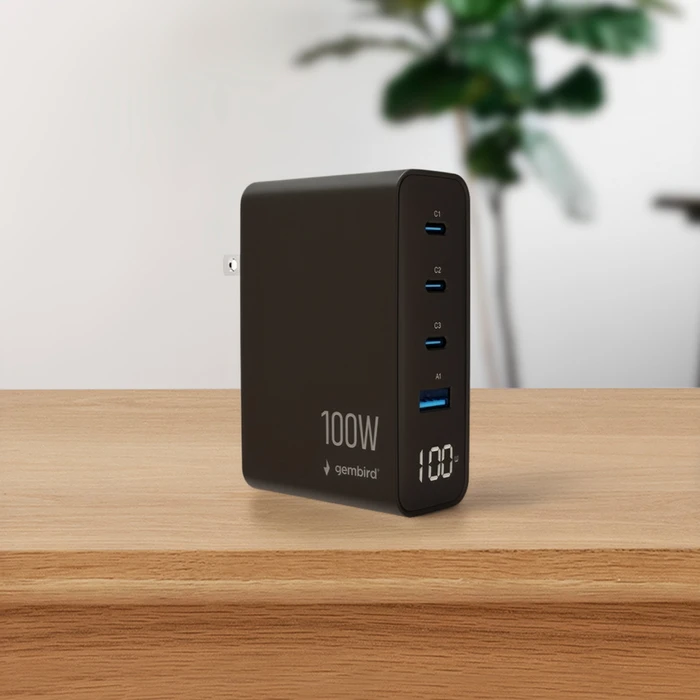 Gembird Φορτιστής GaN 4-Θυρών 100W (3x USB-C PD + 1x USB-A QC3.0) Μαύρος - TA-UC-1A3C-PD100-01-BK
