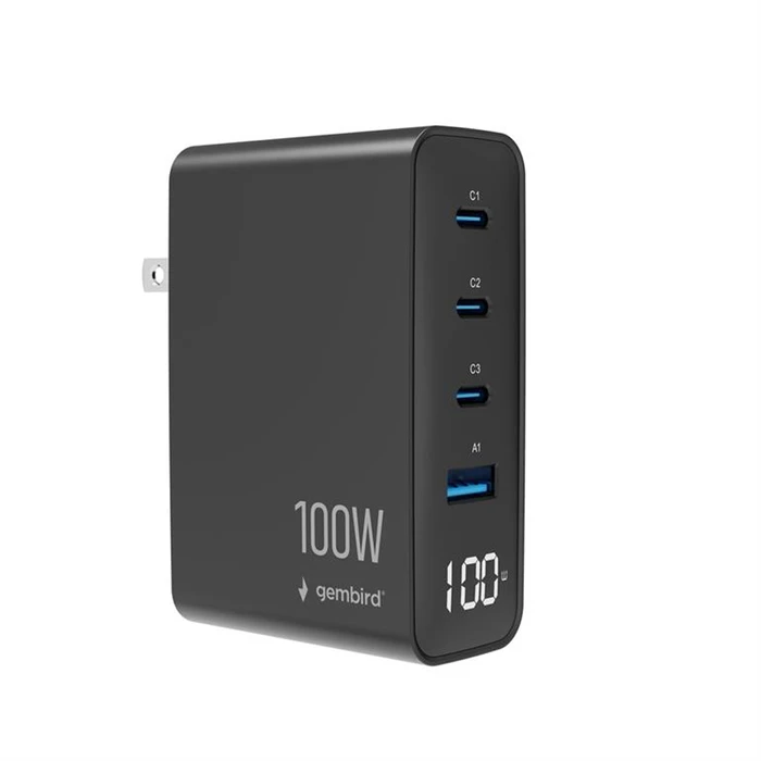 Gembird Φορτιστής GaN 4-Θυρών 100W (3x USB-C PD + 1x USB-A QC3.0) Μαύρος - TA-UC-1A3C-PD100-01-BK
