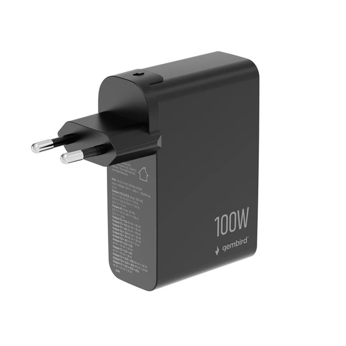 Gembird Φορτιστής GaN 4-Θυρών 100W (3x USB-C PD + 1x USB-A QC3.0) Μαύρος - TA-UC-1A3C-PD100-01-BK