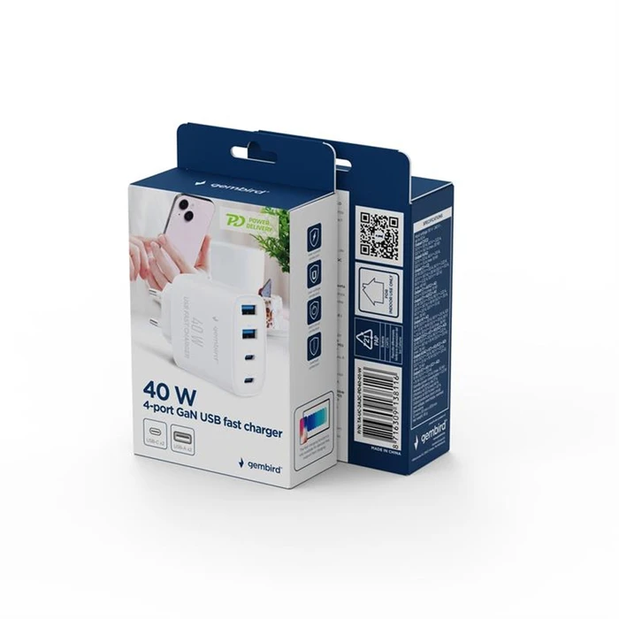Gembird Φορτιστής GaN χωρίς καλώδιο 4-Θύρες (2xUSB-C PD, 2xUSB-A QC3.0) 40W Λευκός (TA-UC-2A2C-PD40-01-W)