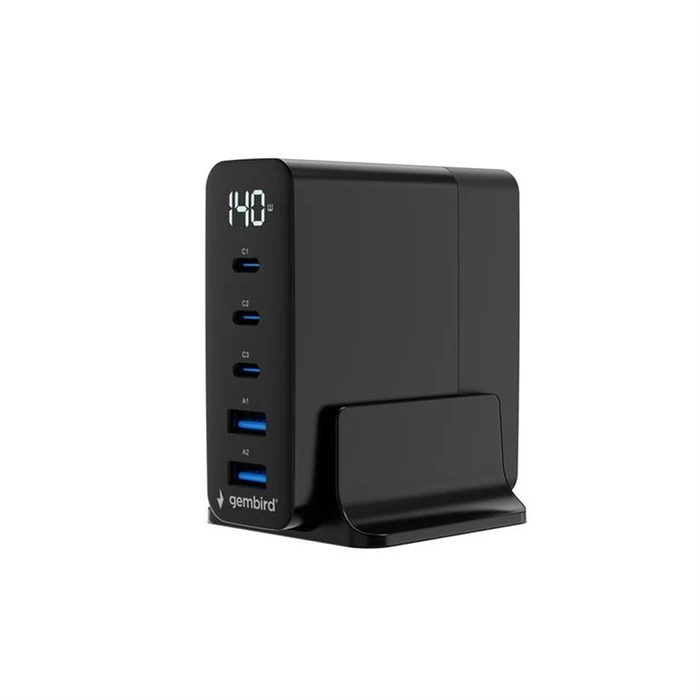 Gembird Βάση Φόρτισης GaN 5-Θυρών 140W (3x USB-C PD + 2x USB-A QC3.0) - Μαύρο (TA-UC-2A3C-PD140-01-BK)