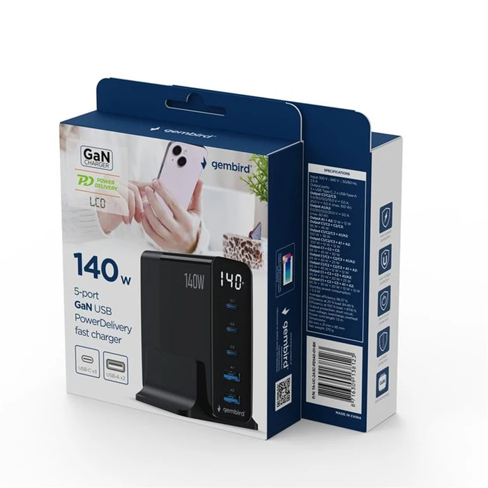 Gembird Βάση Φόρτισης GaN 5-Θυρών 140W (3x USB-C PD + 2x USB-A QC3.0) - Μαύρο (TA-UC-2A3C-PD140-01-BK)