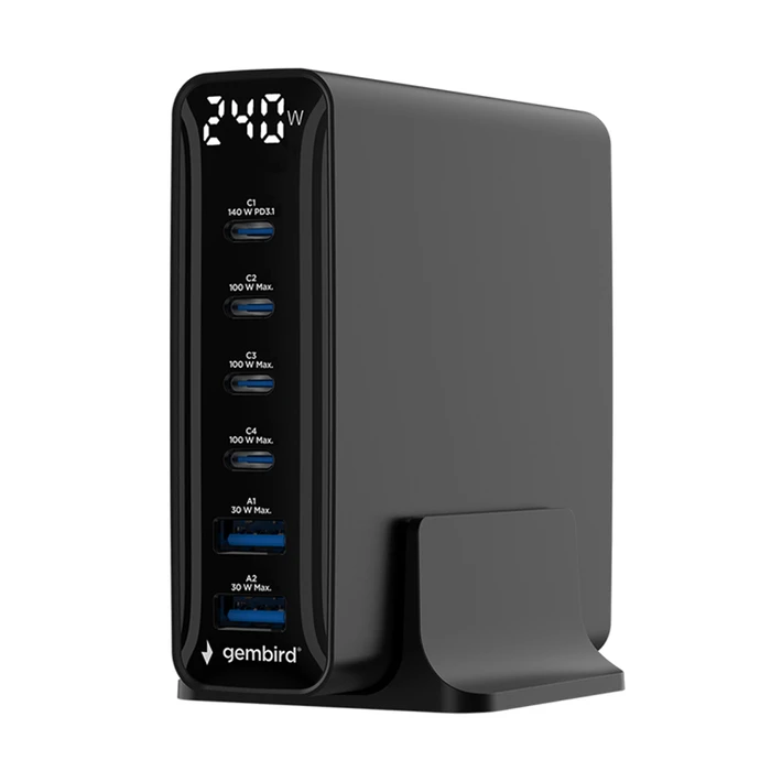 Gembird Βάση Φόρτισης GaN 240W 4xUSB-C 2xUSB-A Power Delivery Quick Charge 3.0 Μαύρο (TA-UC-2A4C-PD240-01-BK)