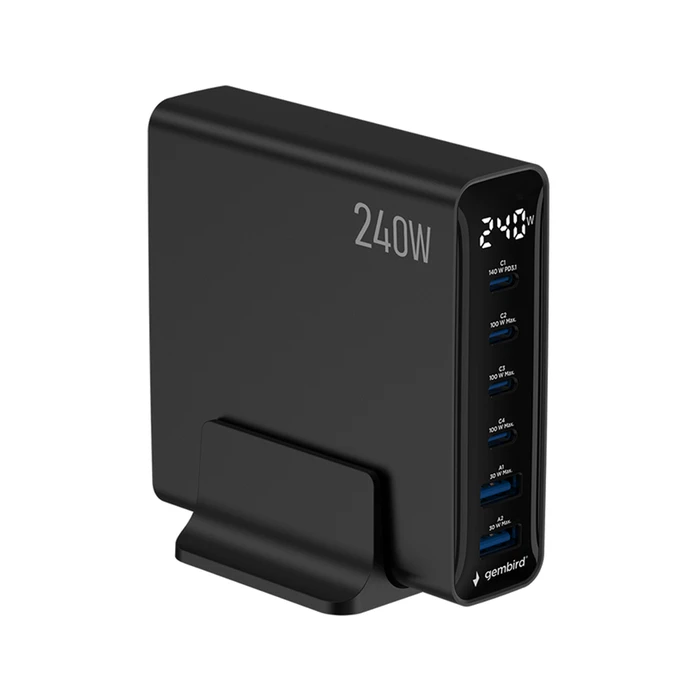 Gembird Βάση Φόρτισης GaN 240W 4xUSB-C 2xUSB-A Power Delivery Quick Charge 3.0 Μαύρο (TA-UC-2A4C-PD240-01-BK)