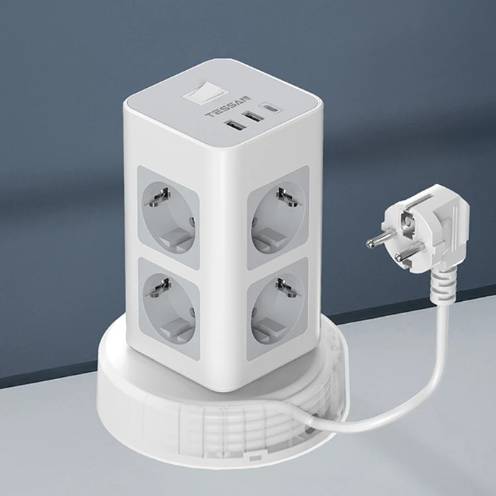 Πολύπριζο Tessan 11 In 1 Tower Surge Protector 8Xschuko, 2XUSB, 1Xtype-C, 2M Retractable Cable