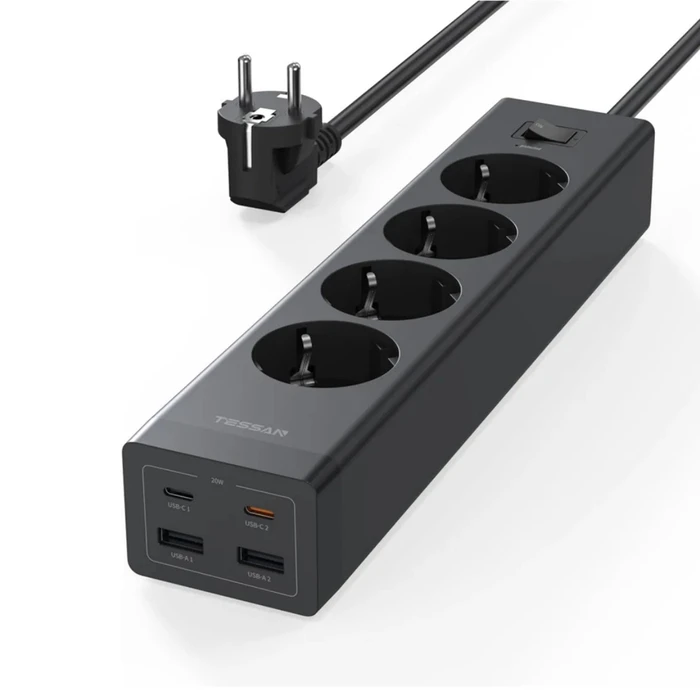 Tessan Πολύπριζο 4 Θέσεων με 2 USB-A, 2 USB-C, Διακόπτη και Καλώδιο 2m TS-PS03DE00