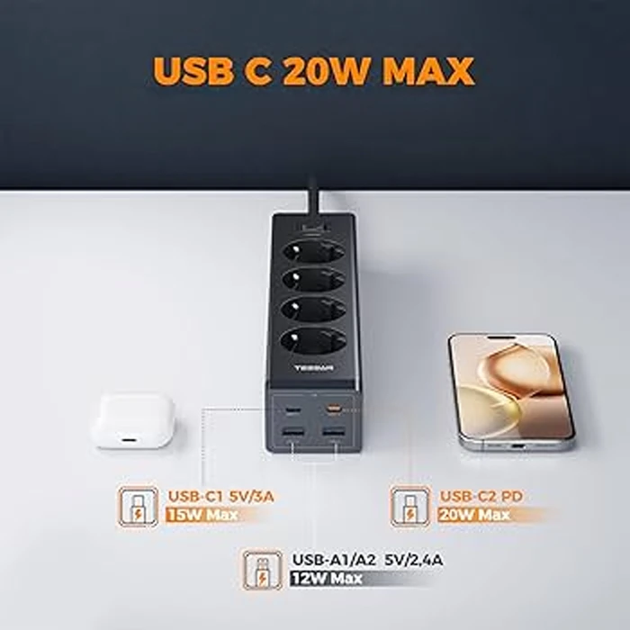 Tessan Πολύπριζο 4 Θέσεων με 2 USB-A, 2 USB-C, Διακόπτη και Καλώδιο 2m TS-PS03DE00