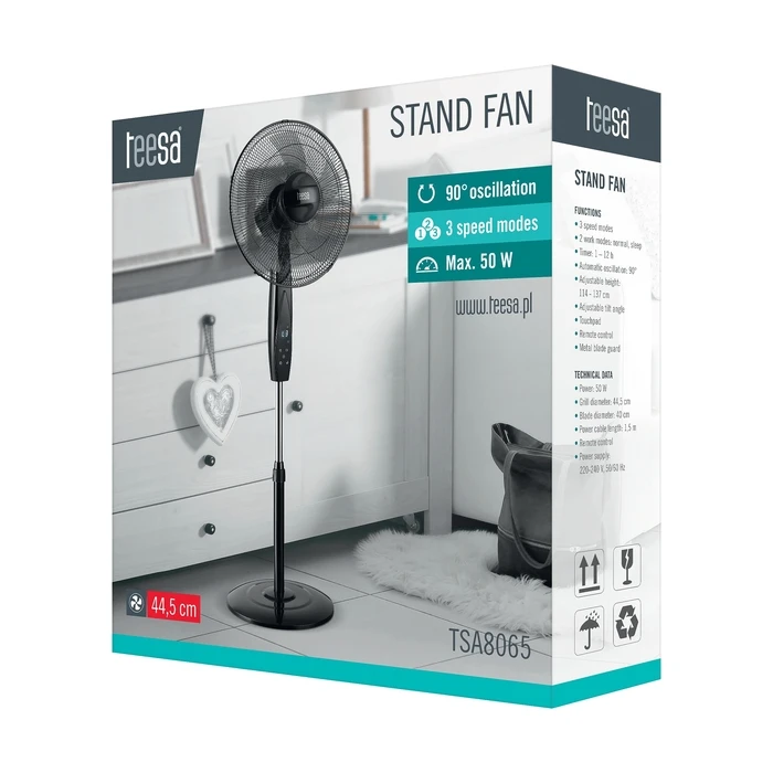 Teesa TSA8065 17"/44 cm Floor Fan 50W with Remote Control, Black