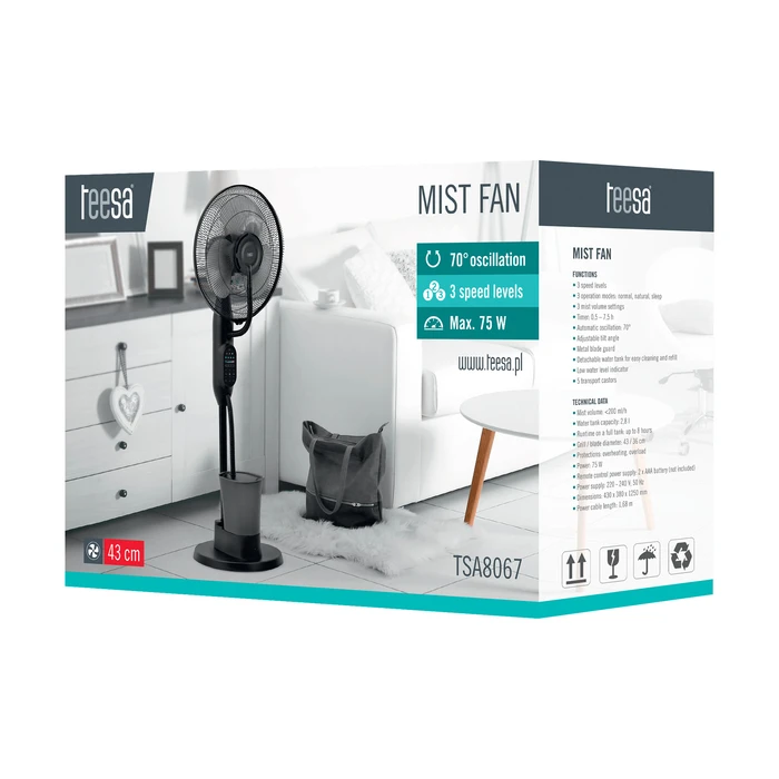 Teesa TSA8067 17" (43 cm) Floor Fan with Hydromisting