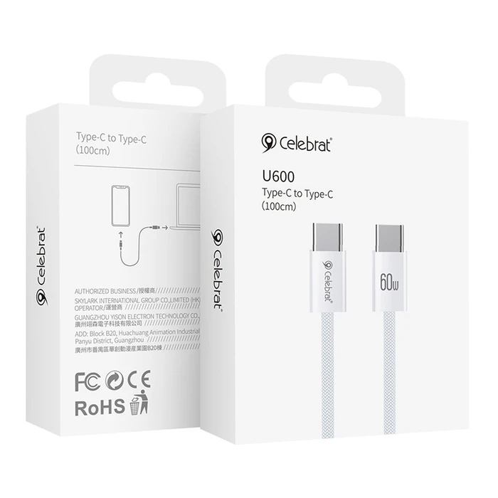 Καλώδιο Usb-C Celebrat U600 60w 480mbps 1m Λευκό
