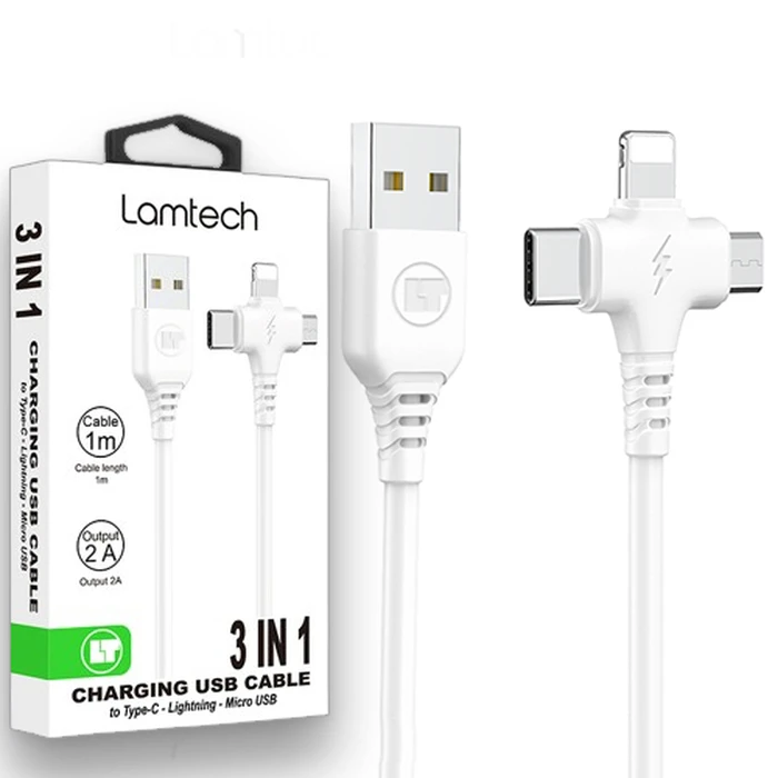 Καλώδιο USB Lamtech 3 IN 1 Charging TO Type-C/LIGHTNING/MICRO USB 1M White