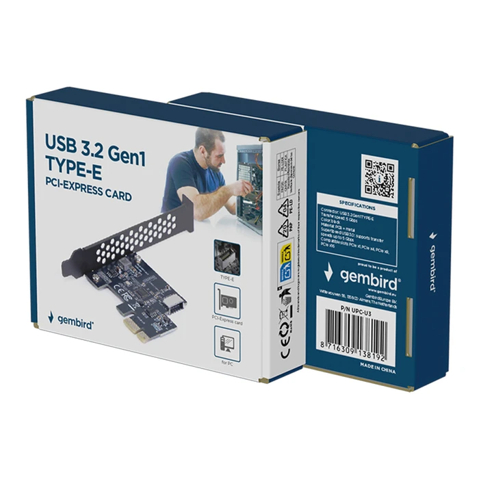 GEMBIRD PCI‑Express USB 3.2 Gen1 (5 Gbps) Type‑E (Key‑A) Expansion Card - UPC‑U3