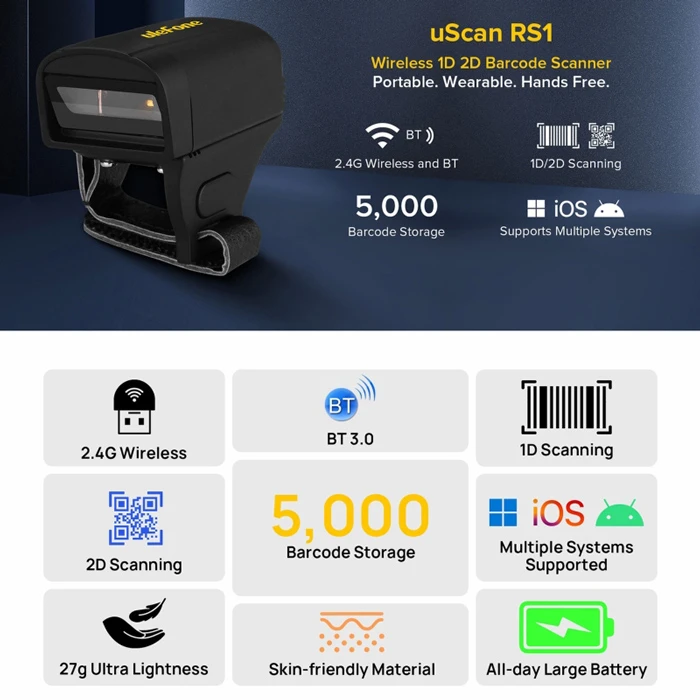 Barcode Scanner Ulefone uScan RS1, ασύρματο 2.4G/Bluetooth, 1D/2D, μαύρο