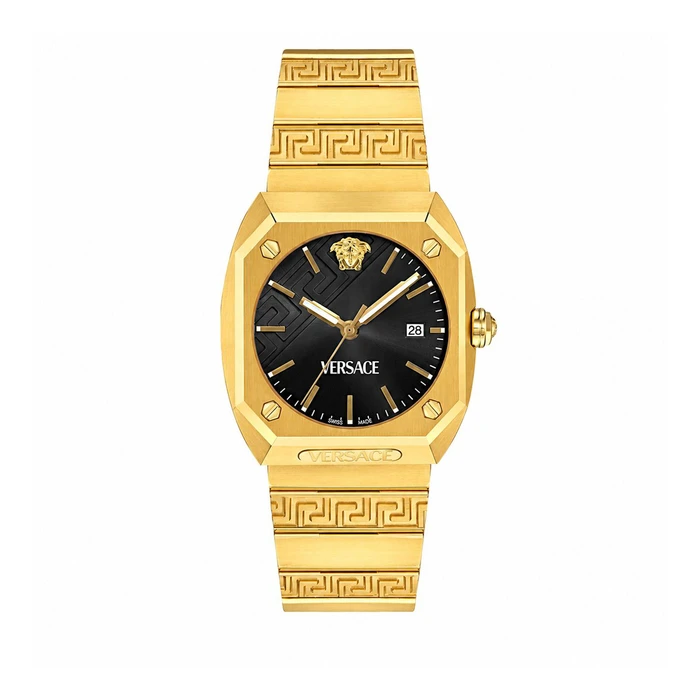 Versace Women's Analog Quartz Watch VE8F00424 — 44 mm, Gold Case & Bracelet, Black Dial