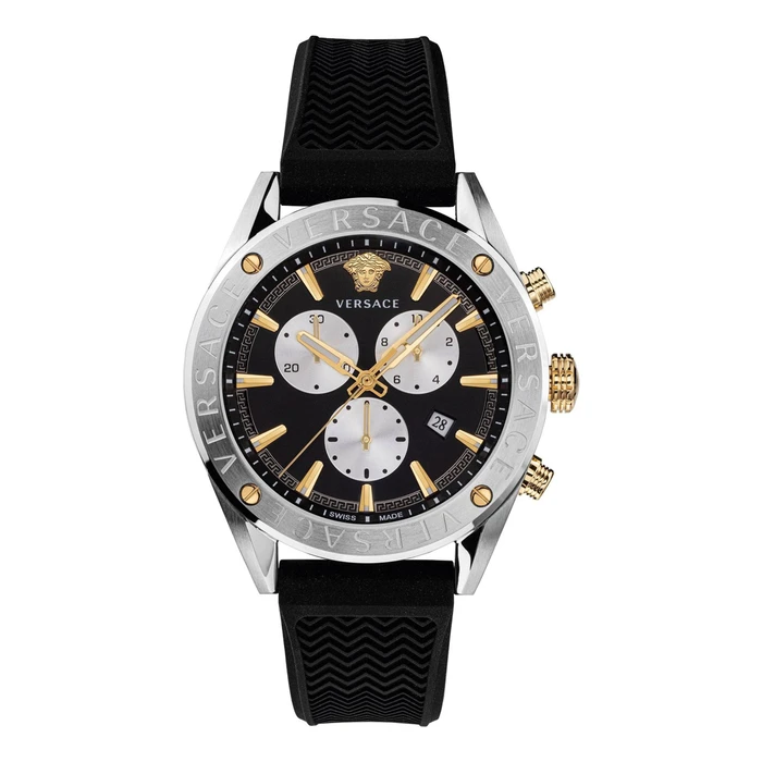 Versace Men's Analog Quartz Chronograph Watch VEHB00119 — 44 mm, Black Dial, Black Silicone Strap