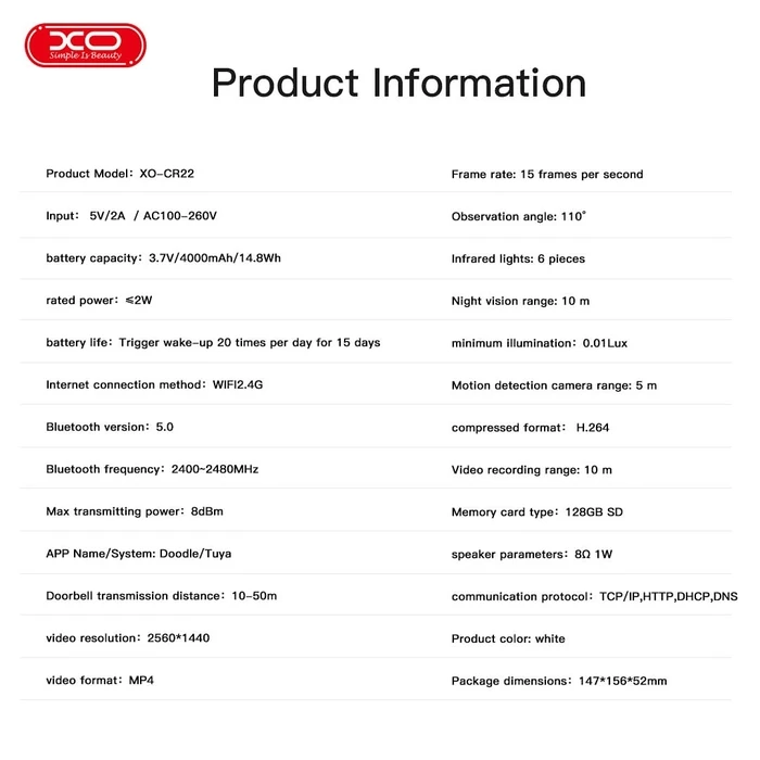 XO CR22 Έξυπνο Βίντεο Κουδούνι 4MP (2K QHD) Wi‑Fi / Bluetooth