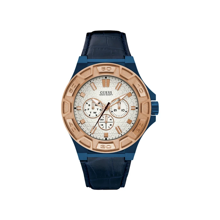 Ανδρικό Ρολόι Guess W0674G7 (45mm) Δερμάτινο Λουράκι Μπλε