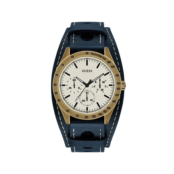 Ανδρικό Ρολόι Guess W1100G2 (44mm) Δερμάτινο Λουράκι Μπλε