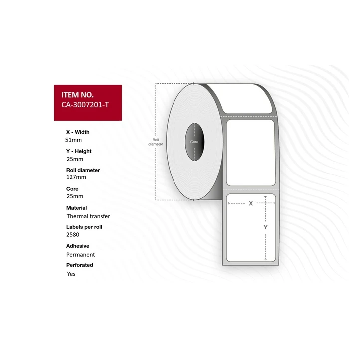 Capture Labels 51 x 25 mm - Thermal Transfer Coated, Permanent Adhesive, Perforated; 2,580 Labels/Roll, 8 Rolls/Box (25 mm Core)
