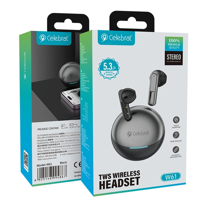 Bluetooth Handsfree Celebrat με Θήκη Φόρτισης W61, True Wireless, 13mm, 25/200mAh, Μαύρα
