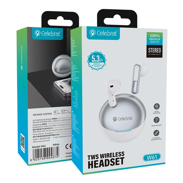 Bluetooth Handsfree Celebrat με Θήκη Φόρτισης W61, True Wireless, 13mm, 25/200mAh, Λευκά