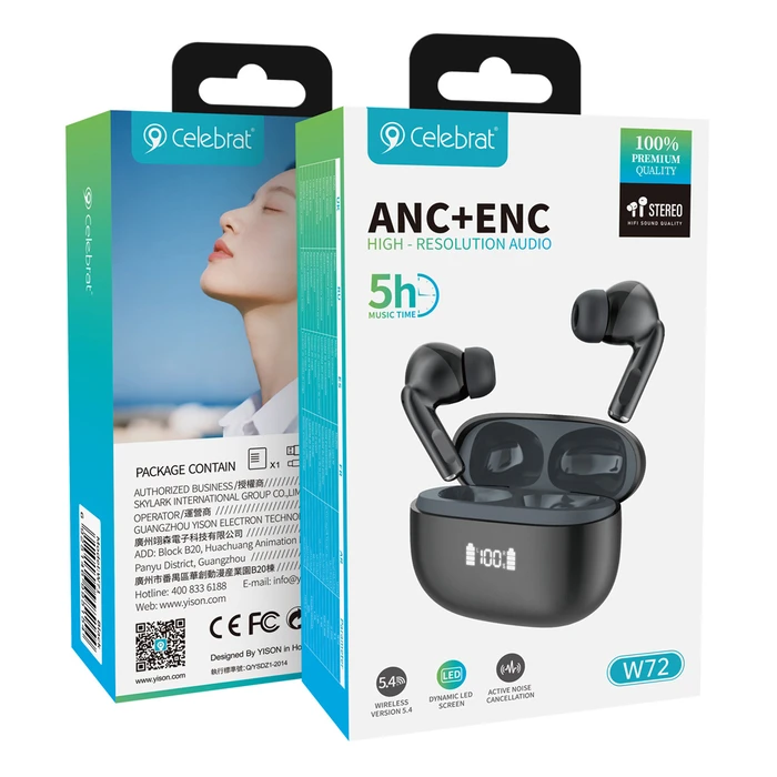 Celebrat W72 In-ear Bluetooth Handsfree Ακουστικά με Θήκη Φόρτισης Μαύρα