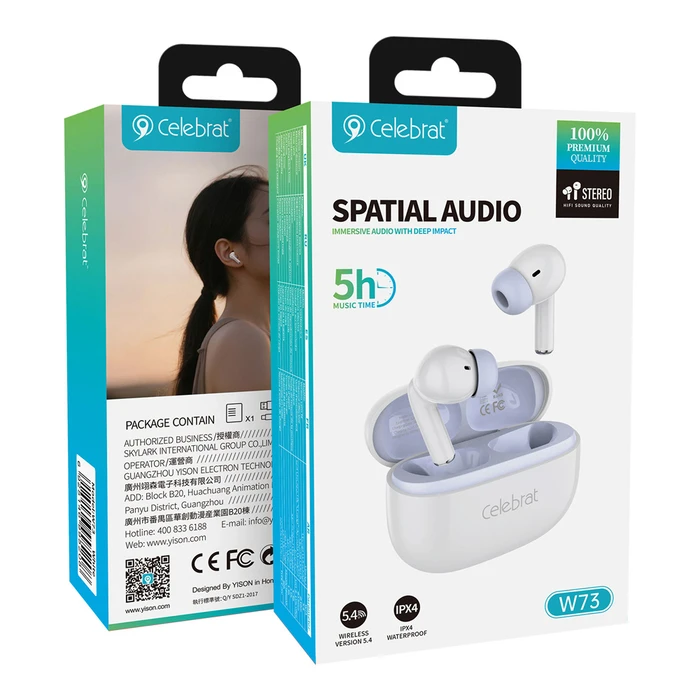 Celebrat W73 In-ear Bluetooth Handsfree Ακουστικά με Αντοχή στον Ιδρώτα και Θήκη Φόρτισης Λευκά