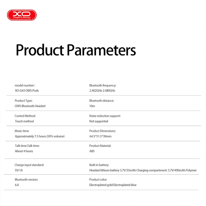 XO G43 Ακουστικά Open Ear Bluetooth Handsfree Μπλε (Διαφανής Επιμεταλλωμένη Σχεδίαση)