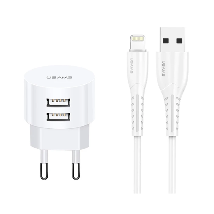 Φορτιστής Πρίζας Usams T20 & καλώδιο Lightning, 2x USB, 2.1A, λευκός