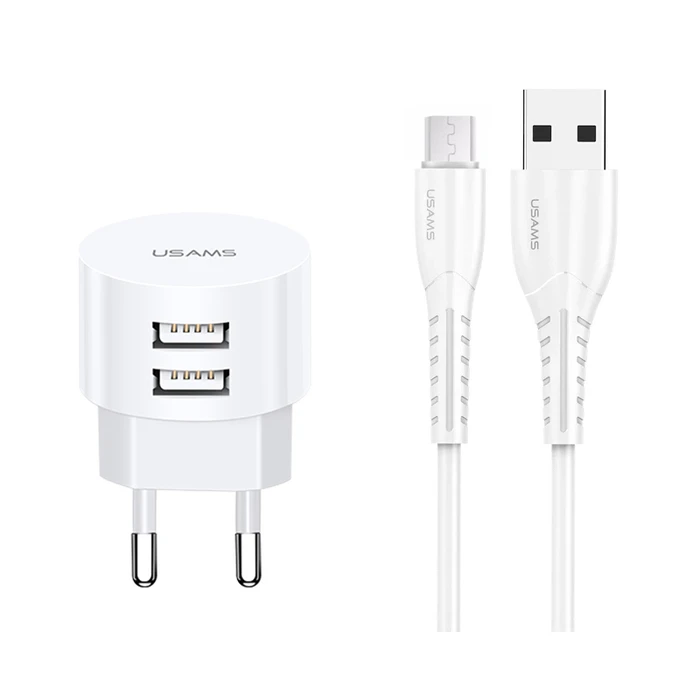 Φορτιστής Πρίζας Usams T20 & καλώδιο Micro USB, 2x USB, 2.1A, λευκός