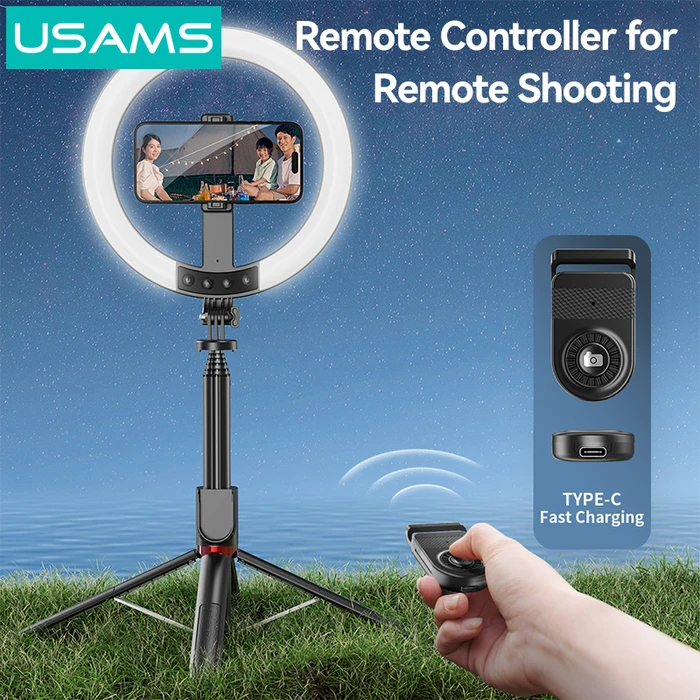 Φωτιστικό Δαχτυλίδι Usams LED Zb323 με Τρίποδο & Βάση Smartphone, Μαύρο