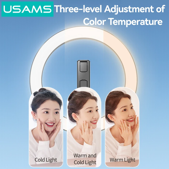 Φωτιστικό Δαχτυλίδι Usams LED Zb323 με Τρίποδο & Βάση Smartphone, Μαύρο