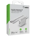 Φορτιστής Πρίζας Belkin Dual USB-A 24W incl. Lightning Cable 1m, white