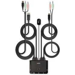 KVM Switch Lindy 2 Port DisplayPort 1.2, USB-C Cable