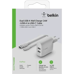 Φορτιστής Πρίζας Belkin Dual USB-A 24W incl. USB-C Cable 1m, white