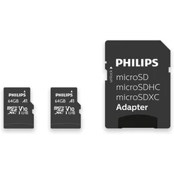 Κάρτα Μνήμης microSDXC 64GB Philips 2-Pack Class 10 UHS-I U1 incl. Adapter