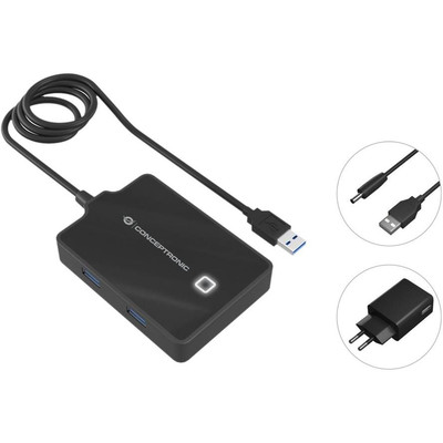 Product USB Hub Conceptronic 4-Port 3.0 ->4x3.0 with power supply black base image