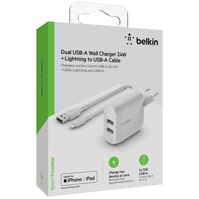 Product Φορτιστής Πρίζας Belkin Dual USB-A 24W incl. Lightning Cable 1m, white base image