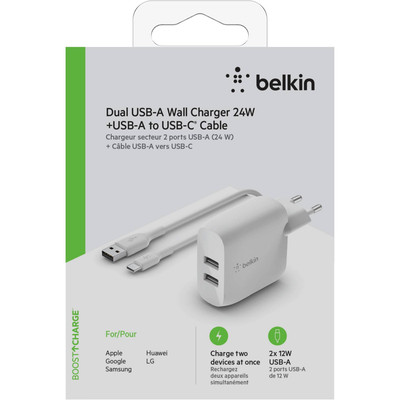 Product Φορτιστής Πρίζας Belkin Dual USB-A 24W incl. USB-C Cable 1m, white base image