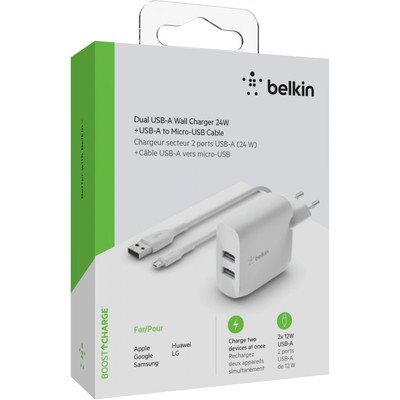 Product Φορτιστής Πρίζας Belkin Dual USB-A 24W incl. Micro-USB Cable 1m, white base image