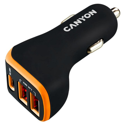 Product Φορτιστής Αυτοκινήτου Canyon 3Port 2xUSB-A,USB-C 18W PD black/orange retail base image