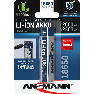 Product Επαναφορτιζόμενες Μπαταρίες Ansmann Li-Ion 18650 2600mAh 3,6V Micro-USB 1307-0002 base image