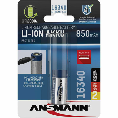 Product Επαναφορτιζόμενες Μπαταρίες Ansmann 16340 Li-Ion Akku 850mAh 3,6V Micro USB Input 1300-0015 base image