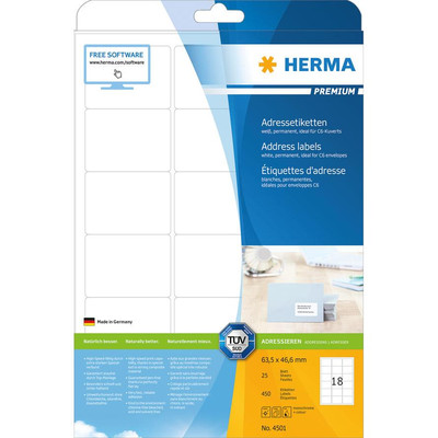 Product Ετικέτες Herma address labels Premium A4 White 63,5 x 46,6 mm 450St. base image