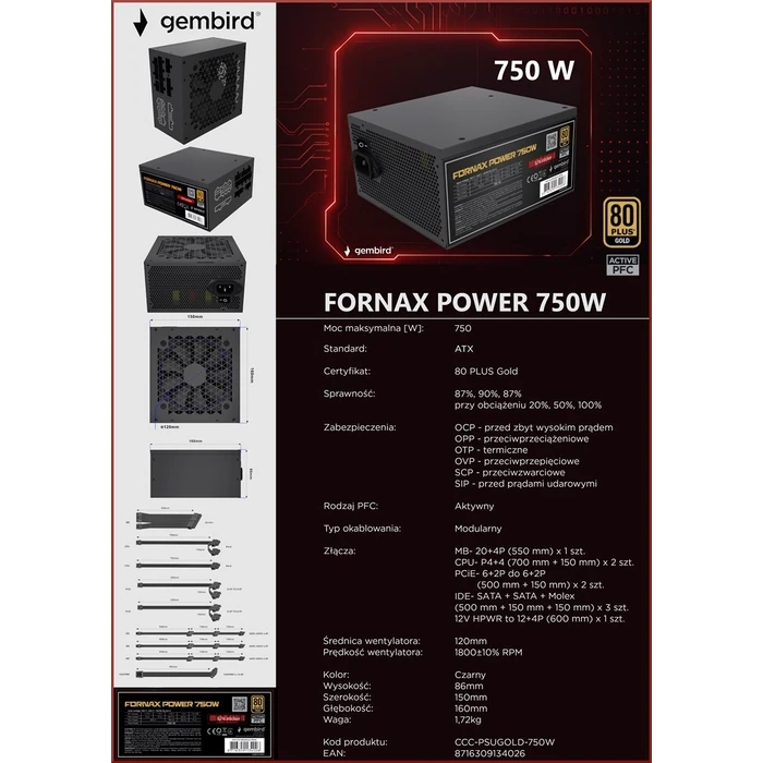 Τροφοδοτικό Gembird Fornax Power 750W 80+ Gold Modular Μαύρο