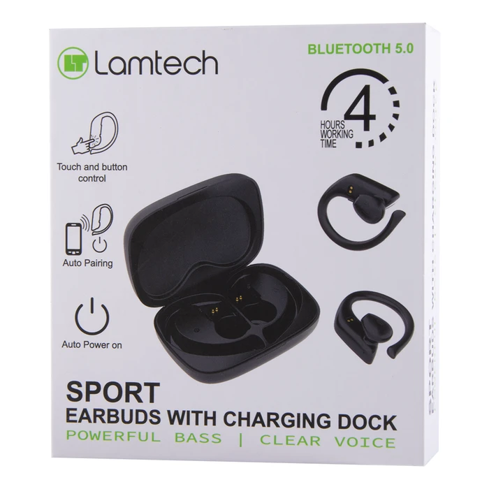 Bluetooth Handsfree Lamtech 5.0 SPORT TWS With Charging DOCK Black